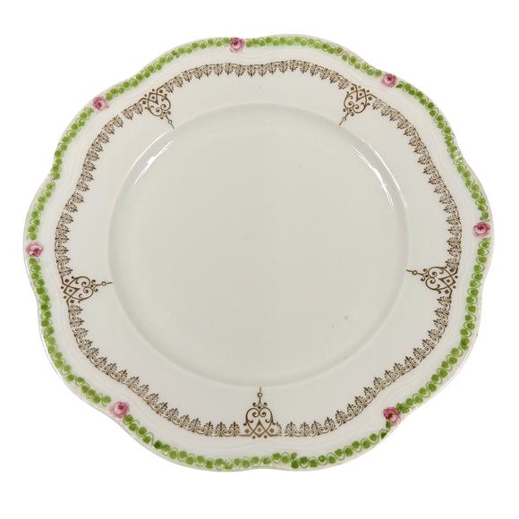 Ceramic Wavy Edge Plate 7.5" Diam Green Rim With Pink Roses In Between and Gold - Picture 1 of 5